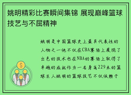 姚明精彩比赛瞬间集锦 展现巅峰篮球技艺与不屈精神