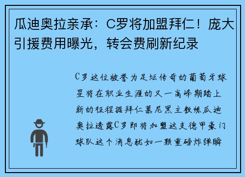 瓜迪奥拉亲承：C罗将加盟拜仁！庞大引援费用曝光，转会费刷新纪录